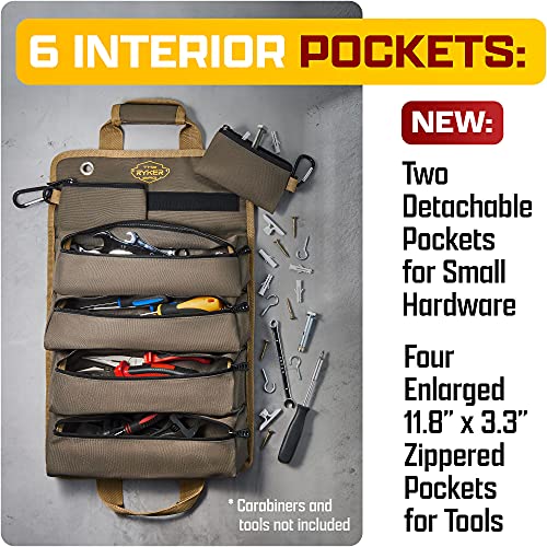The Ryker Heavy Duty Khaki Classic Tool Roll Up Organizer with Detachable Pouches
