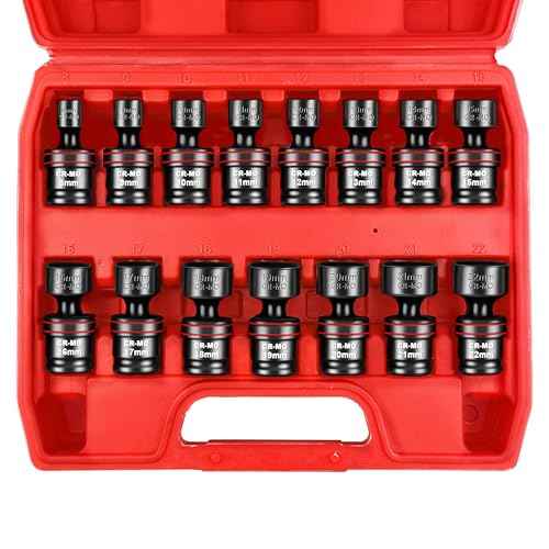 WETT 15-Piece 3/8" Drive Shallow Impact Universal Joint Socket Set, Metric Swivel Socket Set (8-22mm), Flexible Wobble Sockets, 6 Point, CR-MO Steel