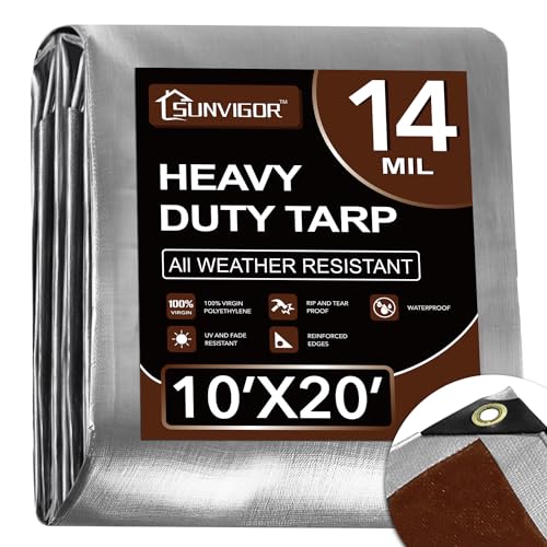 Sunvigor Heavy Duty Waterproof Tarp 10x20Ft Silver/Brown 14 Mil UV Resistant Cover