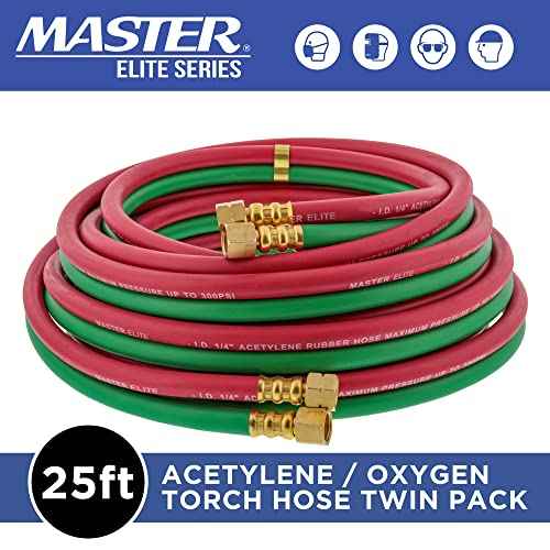 Master Elite 25' Oxygen Acetylene Hose Welding Set - Twin 1/4" B Fittings (9/16¡±-18) - Green Red, Grade R Oxy Acetylene Hoses, Cutting Torch Hose for Cutting Metal