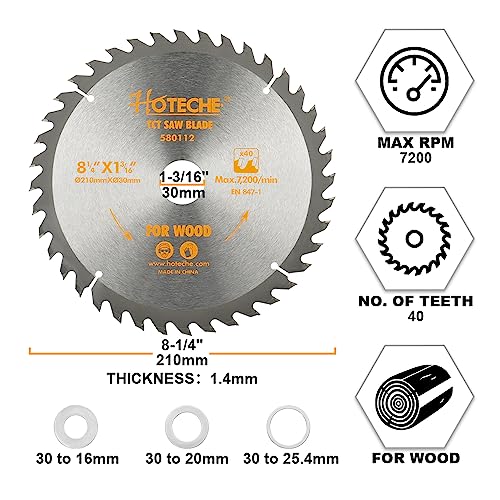 Hoteche 8-1/4-Inch Circular Saw Blade for Wood 40-Tooth Tungsten Carbide-Tipped Blade High-Performance Professioal Saw Blade for Miter Saw and Table Saws with 1-inch, 13/16-inch, 5/8-inch Arbor