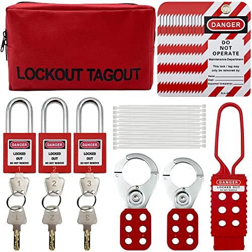 SAFBY Red Lockout Tagout Kit for Electrical Safety OSHA Compliant Group Lockout Hasps & Padlocks