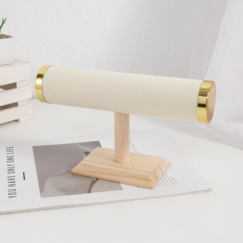 Wooden Watches Display tower Base Watch Necklace Bracelet Organizer Rack Bangle Scrunchie Headband Showcase tower (Suede Round Beige, 1-tiered)