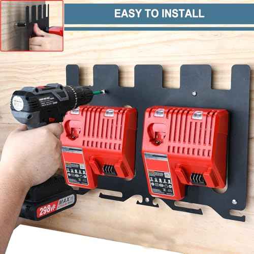 3-in-1 Metal Wall Mount for Milwaukee Chargers Batteries Drills Storage Rack for 4x 18V Battery Packs Bracket Holder for 2x M12-18C Charger/2x M12-18FC Charger/1x M18 DFC, Power Tool Organizer