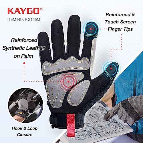 KAYGO Work Gloves For Men, KG125M Mechanic Utility Work Gloves for All Purpose, Excellent Grip, Heavy Duty, Improved Dexterity, Touch Screen, Large