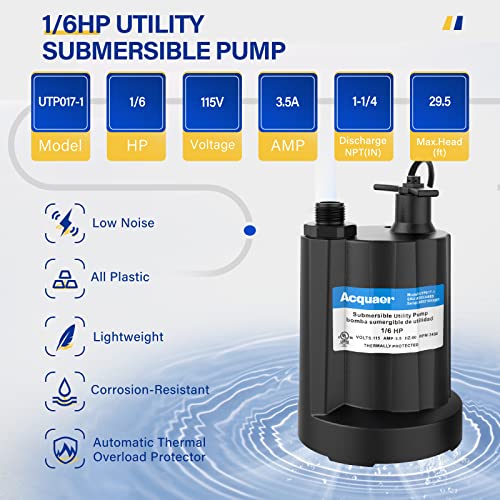 Acquaer Gery Submersible Water Pump 1/6 HP Utility Pump for Drainage 1750GPH
