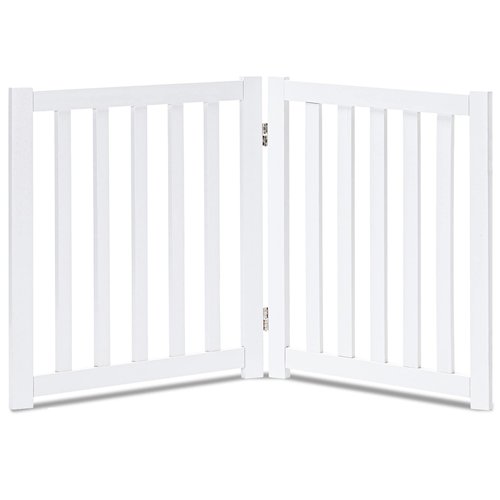 LZRS 2-Panel Wooden Free Standing Foldable Dog Gate Indoor – Solid Hardwood 24" High, Step-Over Safety Pet Gate for Doorways, Stairs & Small Spaces - Indoor Use, White