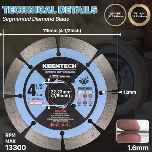 KEENTECH Segmented Diamond Saw Blade 4-1/2 inch, for Smooth Cutting Concrete Marble Granite Brick Masonry, Diamond Blade for Angle Grinder, 4.5" Dry or Wet Cutting Concrete Saw Blades (2-Pack)