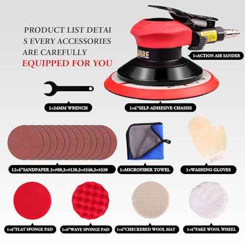 pneumatic Air Sander 5/6 Inch DA Palm Sander for auto body, High Speed Random Orbital Sander for Woodworking & Auto Polishing (6 Inch)
