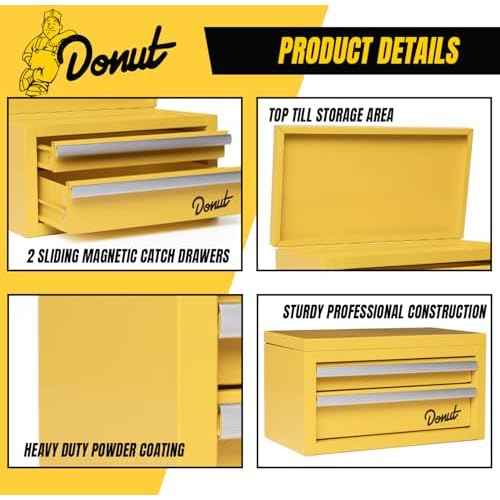 Donut Media Mini Tool Box | Magnetic Catch Drawers; Top Storage; Heavy Duty Powder Coating | Small Metal Stash Box; Desk Organizer; Mechanics Essentials | Compact Tool Kit; 3 Drawer Chest; Yellow