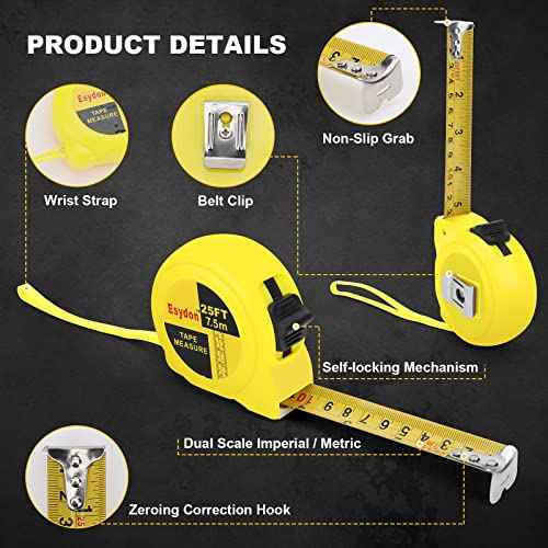 2 Packs Tape Measure 25 ft /16 ft, Esydon Measuring Tape Extendable, Self-Locking Tape Measurer, Easy Read Imperial/Metric Scale Measurement Tape for Designer, Decorator, & Handicraftsman