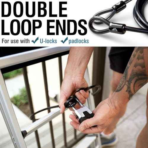 MARQUE Security Steel Cable - 3/8 inch (10 mm) Thick (4', 7', 15', 20' or 30') Vinyl Coated Braided Steel Cable with Double Sealed Looped Ends for U-Lock, Padlock, Disc Lock (15 FT)