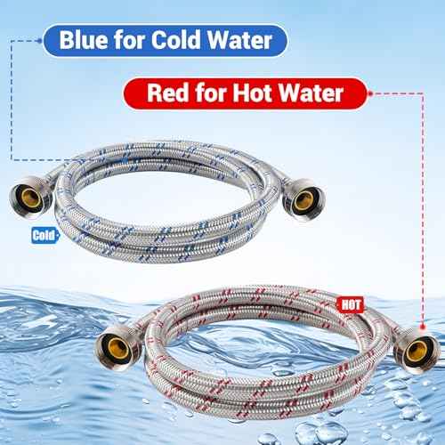4 Ft Washing Machine Hoses, 2 Packs Premium Stainless Steel Washer Hoses Burst Proof, Hot and Cold Striped Water Supply Hoses with 3/4'' Standard Interface fit for ALL Washer