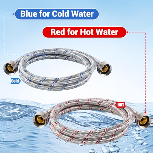 4 Ft Stainless Steel Washing Machine Hoses 2-Pack - Burst Proof Hot & Cold Water Supply, 3/4'' Standard Fit