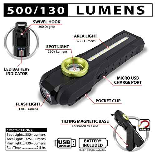 Performance Tool W2325 130-500+ Lumens Li-Ion 3-in-1 Work Light