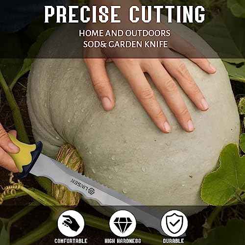 Stainless Steel Garden Knife with 11" Blade with New Handle, Double Side Utility Sod Cutter Lawn Repair Garden Knife with Nylon Sheath (YELLOW)