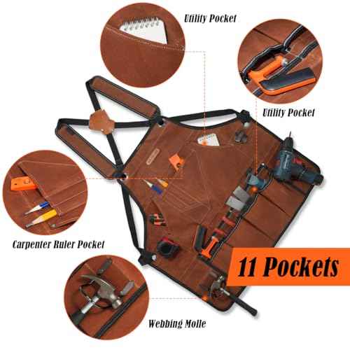 WELKINLAND 11-Pockets Waxed-Canvas Tool Apron, Heavy-Duty Carpenter Apron, Comfy Woodworking Apron, Convenient Workshop Apron, Fully-Adjustable Shop Aprons For Men, Well-Padded Work Aprons For Men