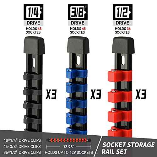 Socket Organizer Drive ABS Tools-Socket Holder, Premium Quality 9 Pieces Holders Kit 1/4-Inch x 48 Clips, 3/8-Inch x 45 Clips, 1/2-Inch x 36 Clips