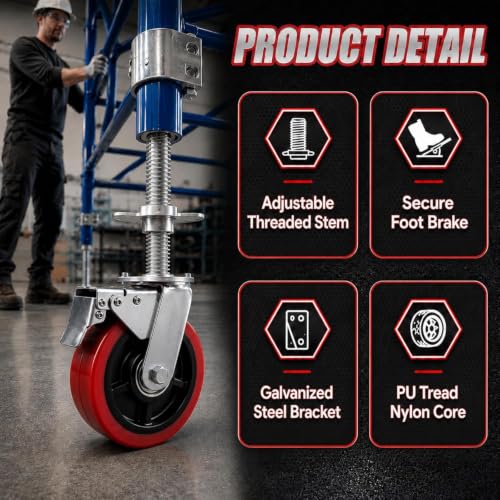 4 Pack 6 Inch Heavy-Duty Adjustable Scaffolding Caster Wheels with Brakes
