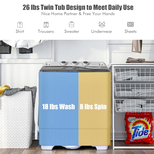 COSTWAY Portable Twin Tub Washing Machine Grey+White 26lb Capacity Compact Laundry