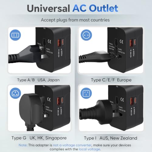 MINGTONG Black Worldwide All-in-One Travel Power Adapter with USB-C & USB-A Ports