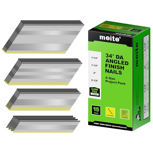 Meite 15 Gauge Angled Finish Nails Set - Galvanized, 4 Sizes, 2000PCS, Compatible with Major Nailers