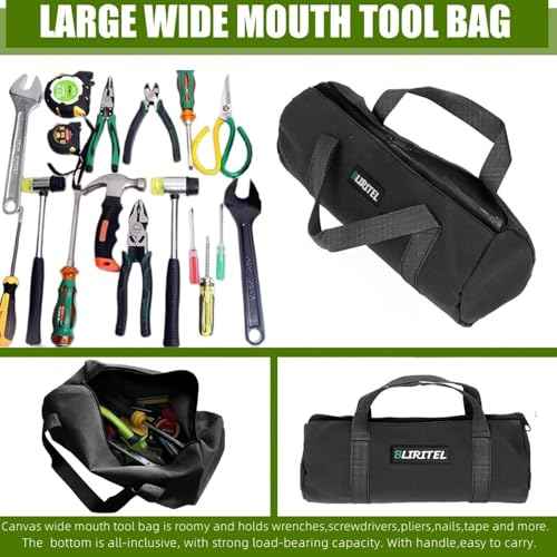 BLIRITEL 12 Inch Small Tool Bag for Men, Large Capacity Wide Mouth Tool Bag, Canvas Tool Storage Kit Bag, Tool Tote Handbag Tool Organizer for Mechanic & Electrician Storage Wrenches Pliers (Black)