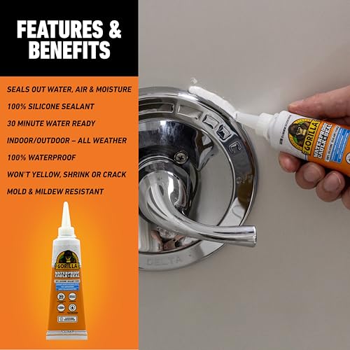 Gorilla 100% Silicone Waterproof Caulk Sealant 2-Pack, White, 2.8oz Tubes