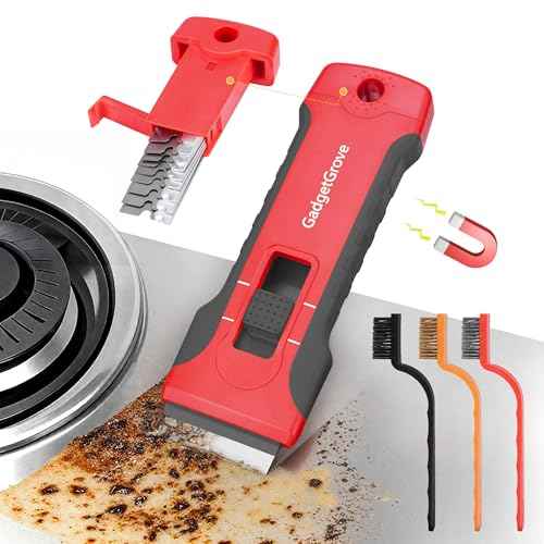Razor Blade Scraper with 10pcs Blades and 3Pcs wire brushes,Scraper Tool for Cleaning Glass Window, Cooktop, Oven, Stove Scraper, Scraper with Buit-In Blade Storage, Upgraded Lock Mechanism,Gray
