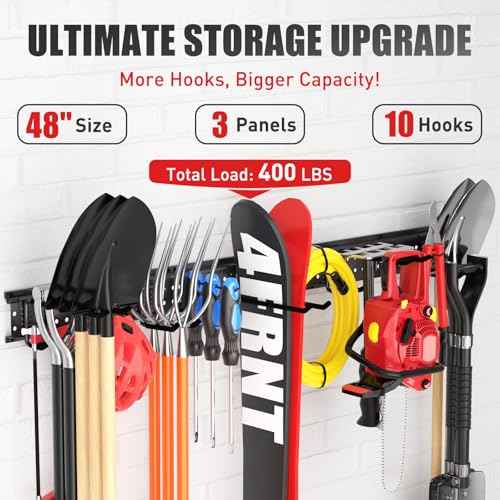 Garage Tool Organizer Wall Mount 48 inches with 10 Adjustable Heavy-Duty Hooks, Garage Organization, Garden Tool Storage Rack, Yard, and Shed, Holds Up to 400 lbs