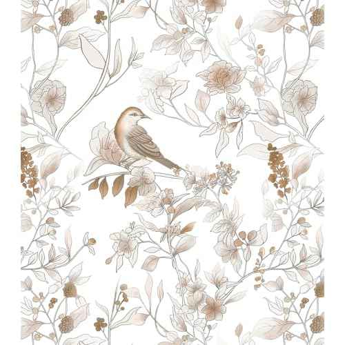 Hopepak Peel and Stick Wallpaper 17.3''x78.7'' Brown Floral Bird Wall Paper Self Adhesive Removable Contact Paper Waterproof Vinyl Roll for Bedroom Bathroom Decor