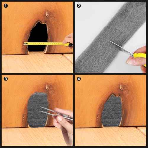 Steel Wool Mice Control 3 inches x 13 feet 0000 Steel Wool Pad for Wall Hole Gap Filler, Keep Mice Away from Cracks, Siding, Pipeline, Vents in Garden/House/Garage/Kitchen(#0000, 4)