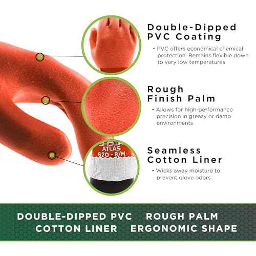 SHOWA Atlas 620 Double-Dipped PVC Chemical Resistant Safety Work Glove with Cotton Liner, 12" Length, Large (1 Pair)