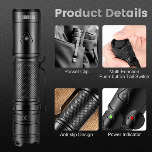 ROCKMASON RM-F3 EDC Flashlight High Lumens, IP68 Waterproof Flash Light, Rechargeable Flashlights for Home, Outdoor, Exploration, Hiking, Camping, Rescue, Hunting, Cycling, Hurricane Emergency