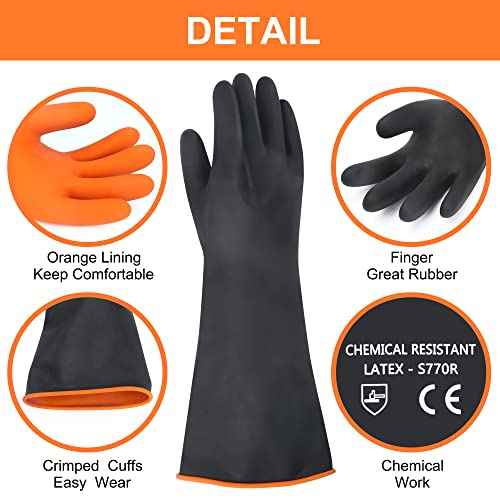 18" XL Size Latex Chemical Resistant Gloves, Reusable Heavy Duty Long Rubber Glove Dishwashing Gloves, Industrial Safety Glove for Men, Forearm Protection Waterproof Resist Strong Acid, Alkali, Oil