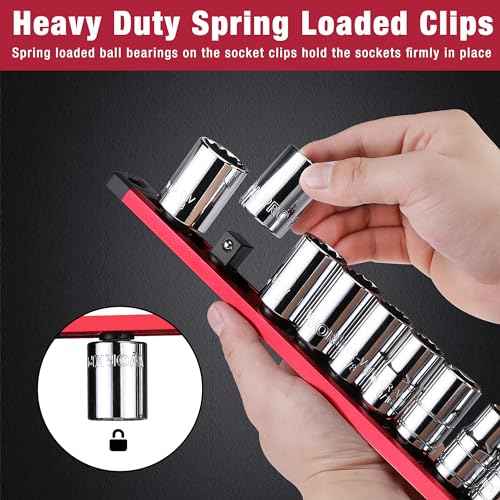 WORKPRO Magnetic Socket Organizer, 3/8-Inch Drive Aluminum Alloy Sockets Rail, Heavy Duty Sockets Holder, Socket Rack Kit 3/8-Inch x 10 Clips (Red)