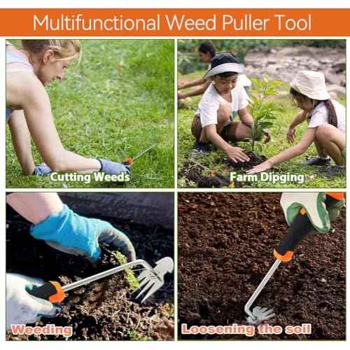 Weed Puller Tool Garden Weed Pulling Tool, 2025 New Durable Garden Weed Pulling Tool, Portable Garden Weeder Tool for Vegetable Gardening, 4 Teeth Manganese Steel Forged Hand Weeder(Orange)