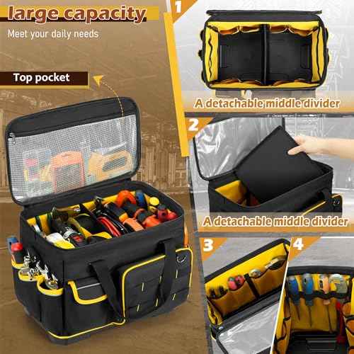 16-inch Tool Bag with Hard Bottom and a Detachable Divider, Heavy Duty Tool Tote with Multiple Pockets, Black