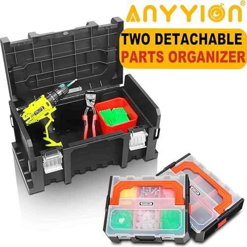 Anyyion Tool Box Organizer,Two detachable Parts Boxes, Removable Tray with Stainless Steel Dual Lock Secured,Metal Handle is Truly Rugged,(Internal Size:14.9x7.8x5.7 inch£© (Orange)