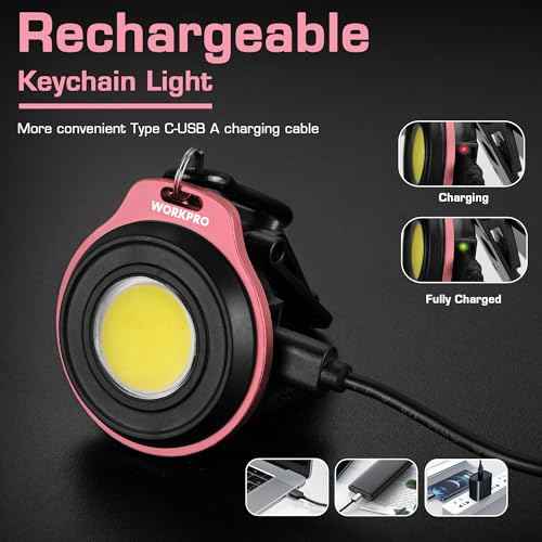 WORKPRO COB Keychain Work Light, Rechargeable Magnetic Keychain Flashlight, Mini Pocket Carabiner Flashlight with Hat Clip, 3 Light Modes Emergency Light for Camping, Hiking and Fishing, Pink Ribbon