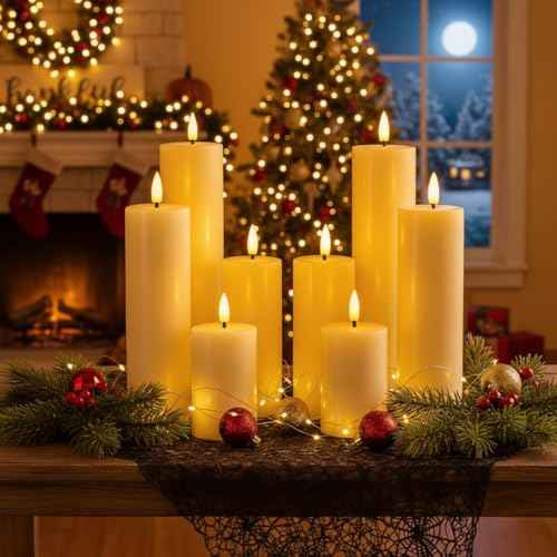 Retisee 8 Pcs Christmas LED Flameless Pillar Candles with Remote Battery Operated 3D Wick Flickering Fireplace Candle Indoor Decoration for Fall Christmas Winter, Ivory (4,6,8,and 10 Inches)
