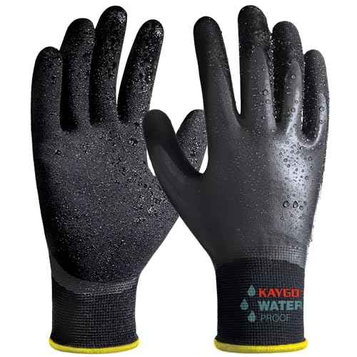 KAYGO Waterproof Work Gloves for Men and Women, Rubber Coated Non-slip Working Gloves for Garden, Outdoor Construction,KG150,Black,L