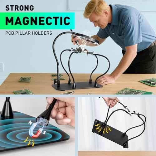 5X&10X Magnifying Glass with Light and Stand, Flexible Magnetic Helping Hand, Large Base & Clamp Magnifying Lamp, 3 Color Adjustable Arm Desk Magnifier with Light for Soldering Craft Hobby