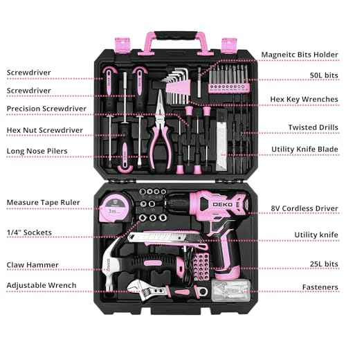 DEKOPRO Drill Set, Home Tool Set with 8V Pink Cordless Drill, Hand Tool Kit for Women, 126 pcs