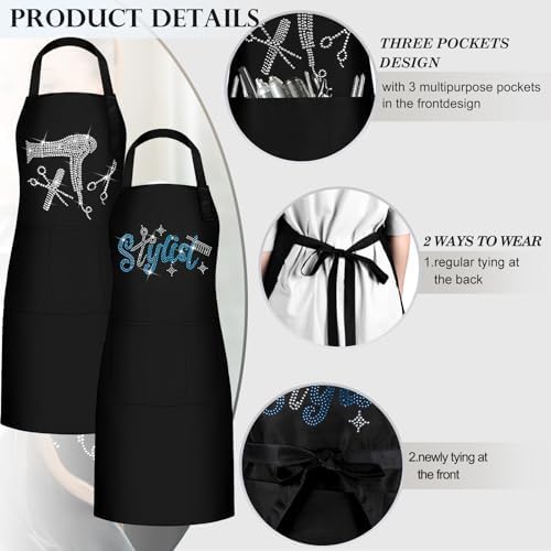 Coume 2 Pcs Hair Stylist Apron Hairstylist Salon Apron with Rhinestone Tools 3 Pockets Waterproof Hairdresser Barber