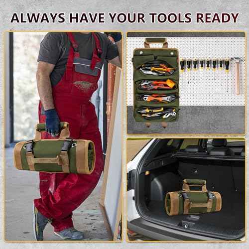 Tool Bag, Tool Bags for Men, Heavy Duty Tool Organizer, Portable Roll Up Tool Bag Gifts For Him, Mechanic, Electrician and Hobbyist, Car Tool Roll Organizer -Green