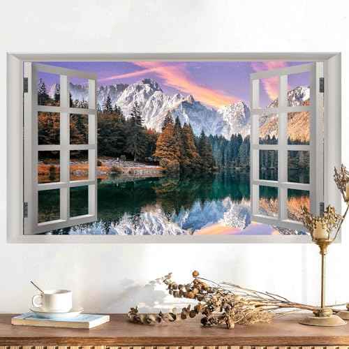 Fake Window Wall Stickers 3D Landscape Wall Sticker Decor Vinyl Mountain Lake Forest Wall Sticker Decals Peel and Stick Nature Scenery Faux Window Wallpaper for Living Room Bedroom Home Kitchen Decor