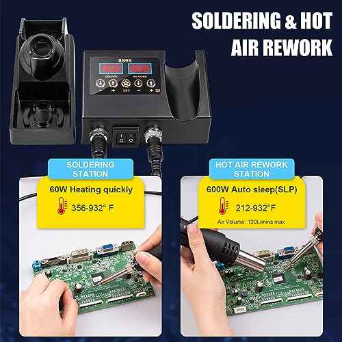 12pcs Soldering Station, 2 in 1 Hot Air Functions Digital Display Soldering Iron Soldering Kit, 8898 Portable SMD Rework Station, ¨¬C/¨¬F Cool/Hot Air Conversion and Auto Sleep