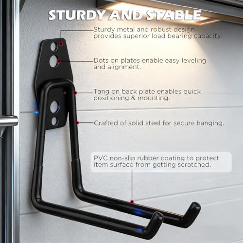 20 Pack Heavy Duty Garage Storage Hooks with Extension Cord Organizer, Solid Steel Wall Mount Hook Set with Anti-Slip Coating Utility J Hooks for Ladders,Bikes,Ropes,Broom,Garden,Yard and Power Tools