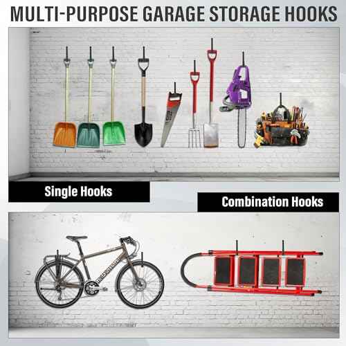 Heavy Duty Utility Hooks, Garage Storage Wall Mount Steel Hooks, Garden Tool Hanger, Garage Organizer for Tool, Ladder, Folding Chair, Hose, Ropes, Bike, etc.(4 Large, 7.7 Inches)